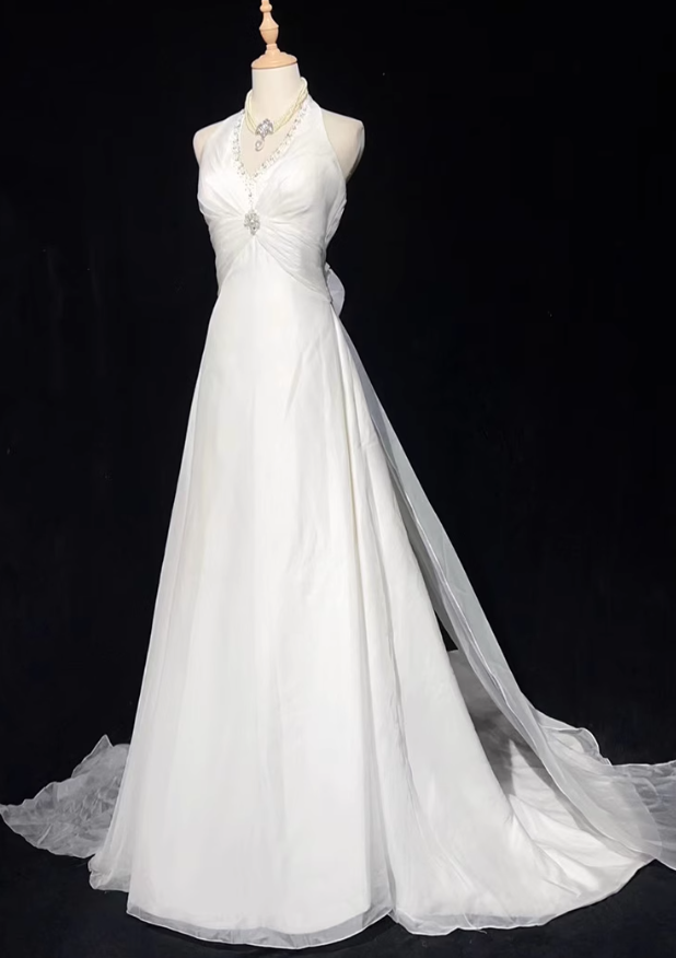 Vestidos de fiesta largos de satén con cuello halter y cuentas, corte sirena blanco, vestidos de novia blancos ED01182