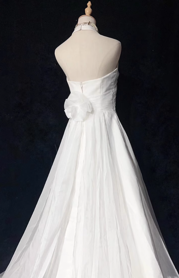Vestidos de fiesta largos de satén con cuello halter y cuentas, corte sirena blanco, vestidos de novia blancos ED01182