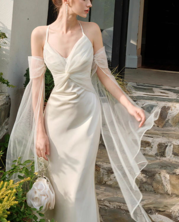 Vestido de fiesta de sirena con tirantes de satén y tul francés ED01186