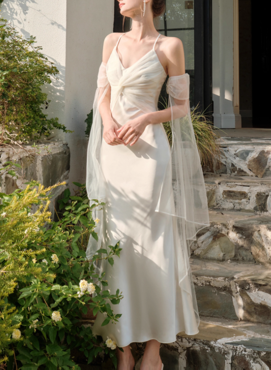 Vestido de fiesta de sirena con tirantes de satén y tul francés ED01186