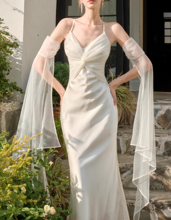 Vestido de fiesta de sirena con tirantes de satén y tul francés ED01186