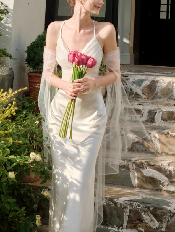 Vestido de fiesta de sirena con tirantes de satén y tul francés ED01186