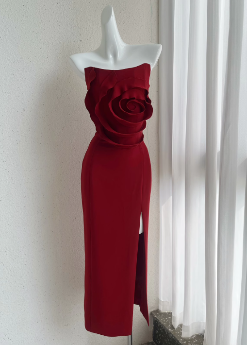 Vestido de fiesta sin tirantes con rosas 3D estilo francés ED01188