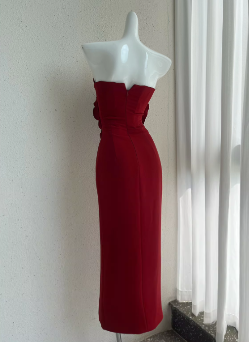 Vestido de fiesta sin tirantes con rosas 3D estilo francés ED01188