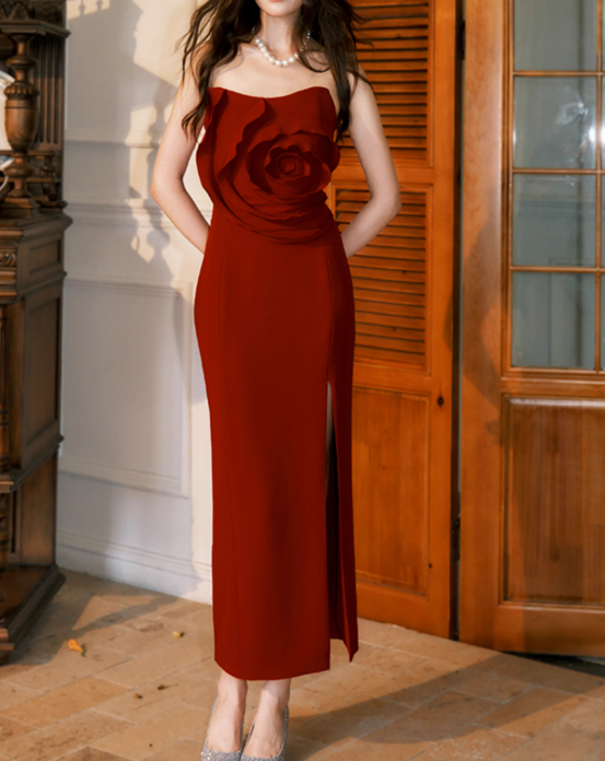 Vestido de fiesta sin tirantes con rosas 3D estilo francés ED01188