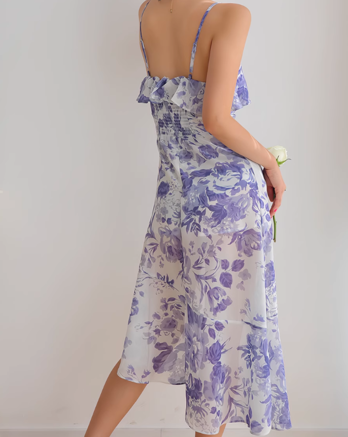 Vestido retro francés con volantes en el bajo, estampado floral morado y tirantes ED01189