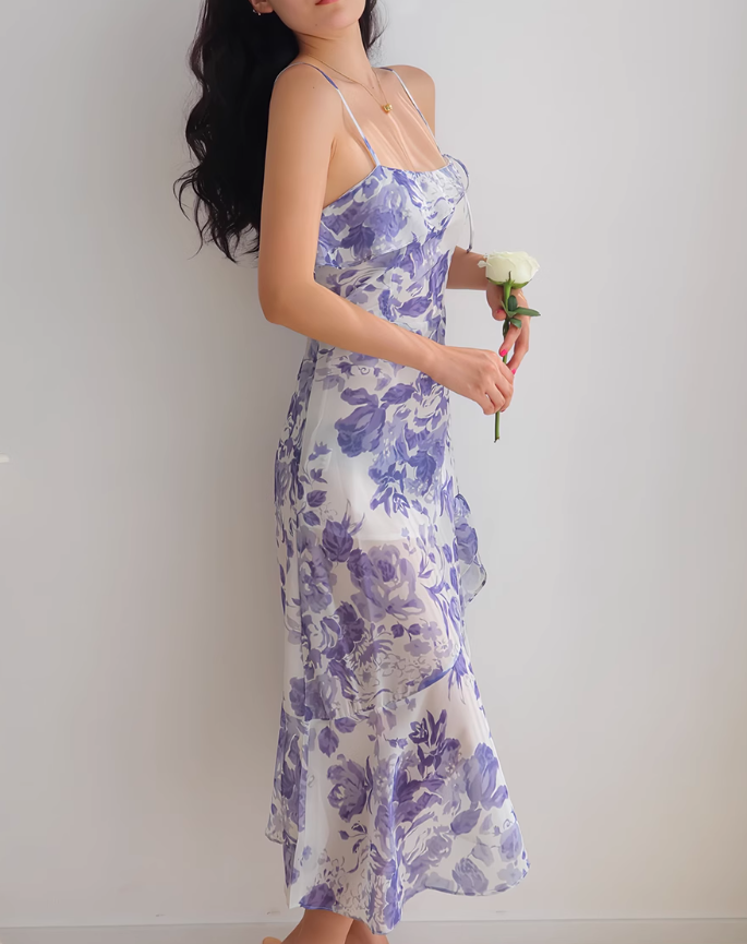 Vestido retro francés con volantes en el bajo, estampado floral morado y tirantes ED01189