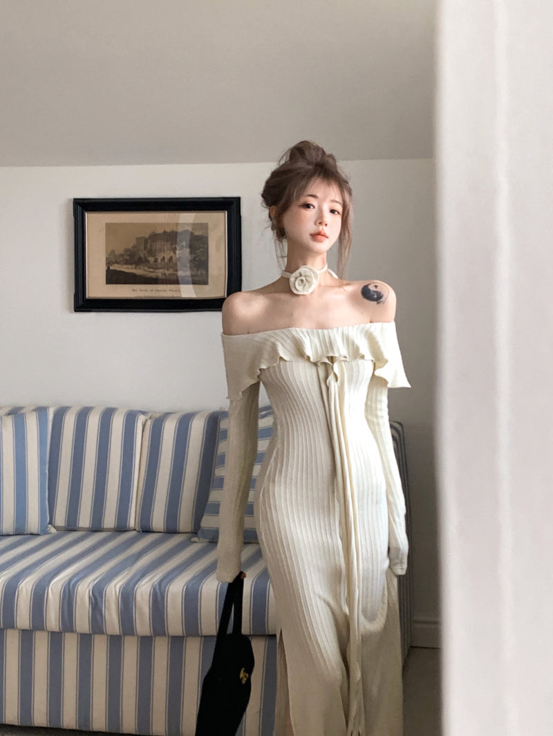 Vestido francés de manga larga con hombros descubiertos ED01192