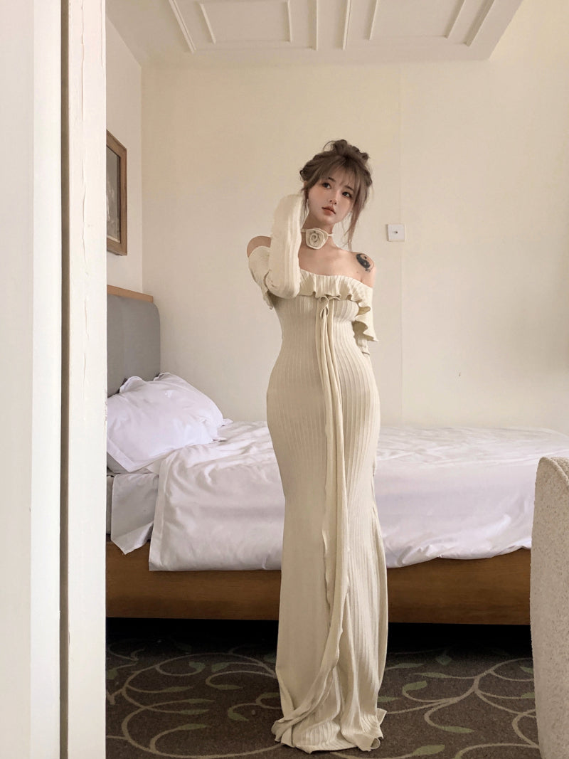 Vestido francés de manga larga con hombros descubiertos ED01192