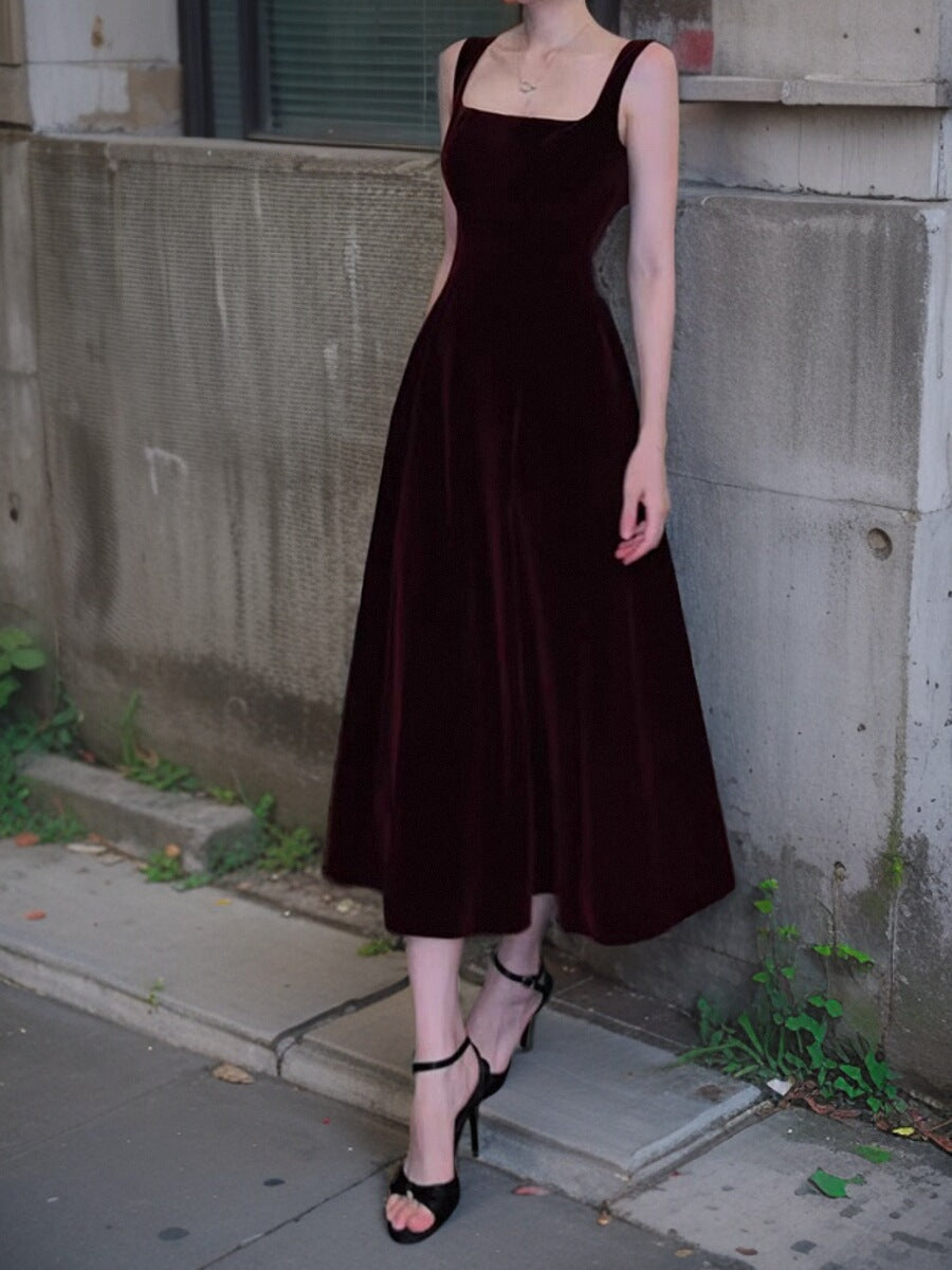 Vestido de terciopelo burdeos estilo retro francés con escote cuadrado y corte A para cumpleaños y graduación ED01193