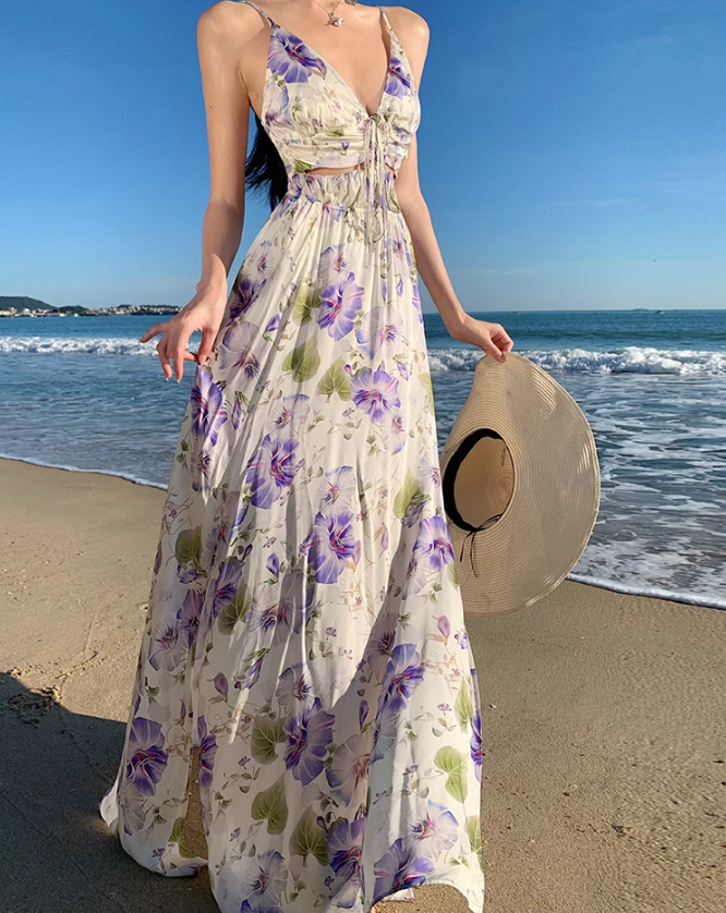 Vestido vintage morado con cuello en V y tirantes estampados ED01195