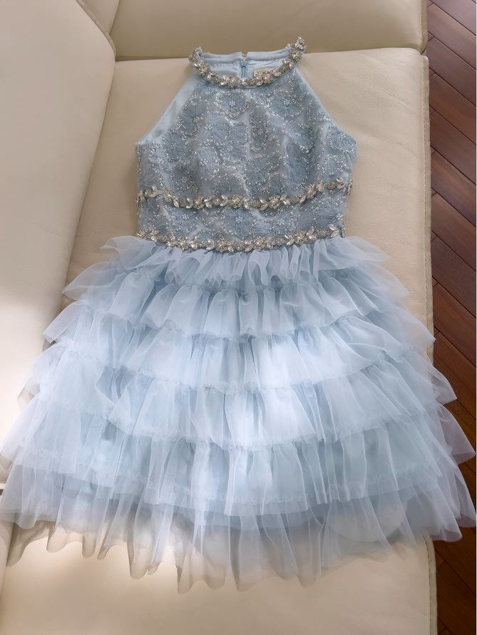 Vestido de fiesta corto de tul azul con cuentas y corte en A, vestido de fiesta azul ED01199