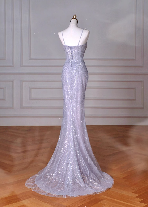 Vestido largo de fiesta de sirena morado con tirantes finos de tul y lentejuelas, vestido formal ED01210