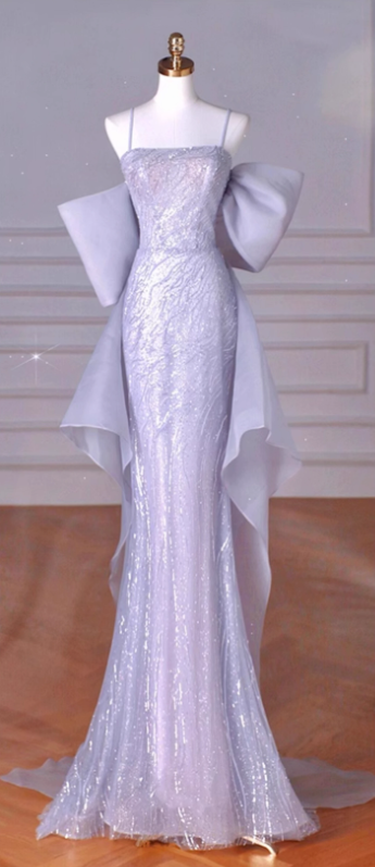 Vestido largo de fiesta de sirena morado con tirantes finos de tul y lentejuelas, vestido formal ED01210