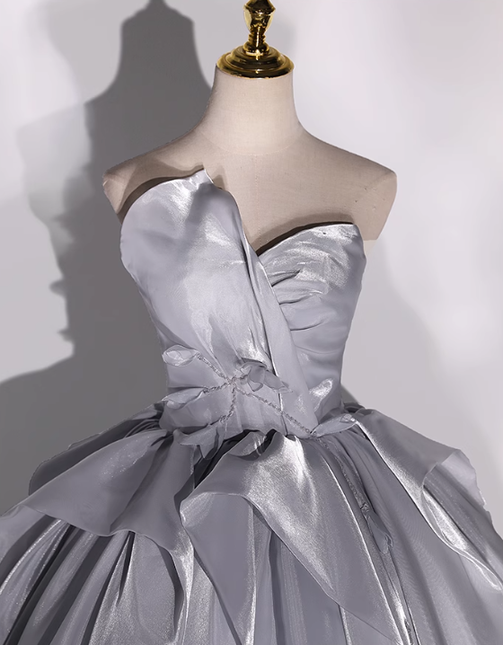 Grey A-line V-neck Tulle Long Prom Dress, Grey Long Formal Dress ED01215