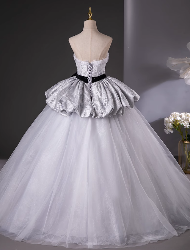 Vestido de fiesta largo de satén y tul con escote corazón, corte en A, color gris plateado, vestido formal en gris plateado ED01217