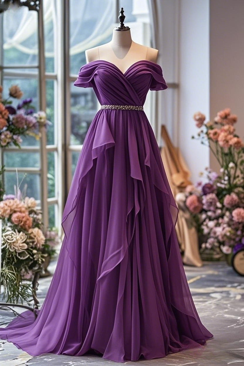 Vestido de fiesta largo de gasa con hombros descubiertos, corte A, amarillo/morado, vestido formal de noche ED01218