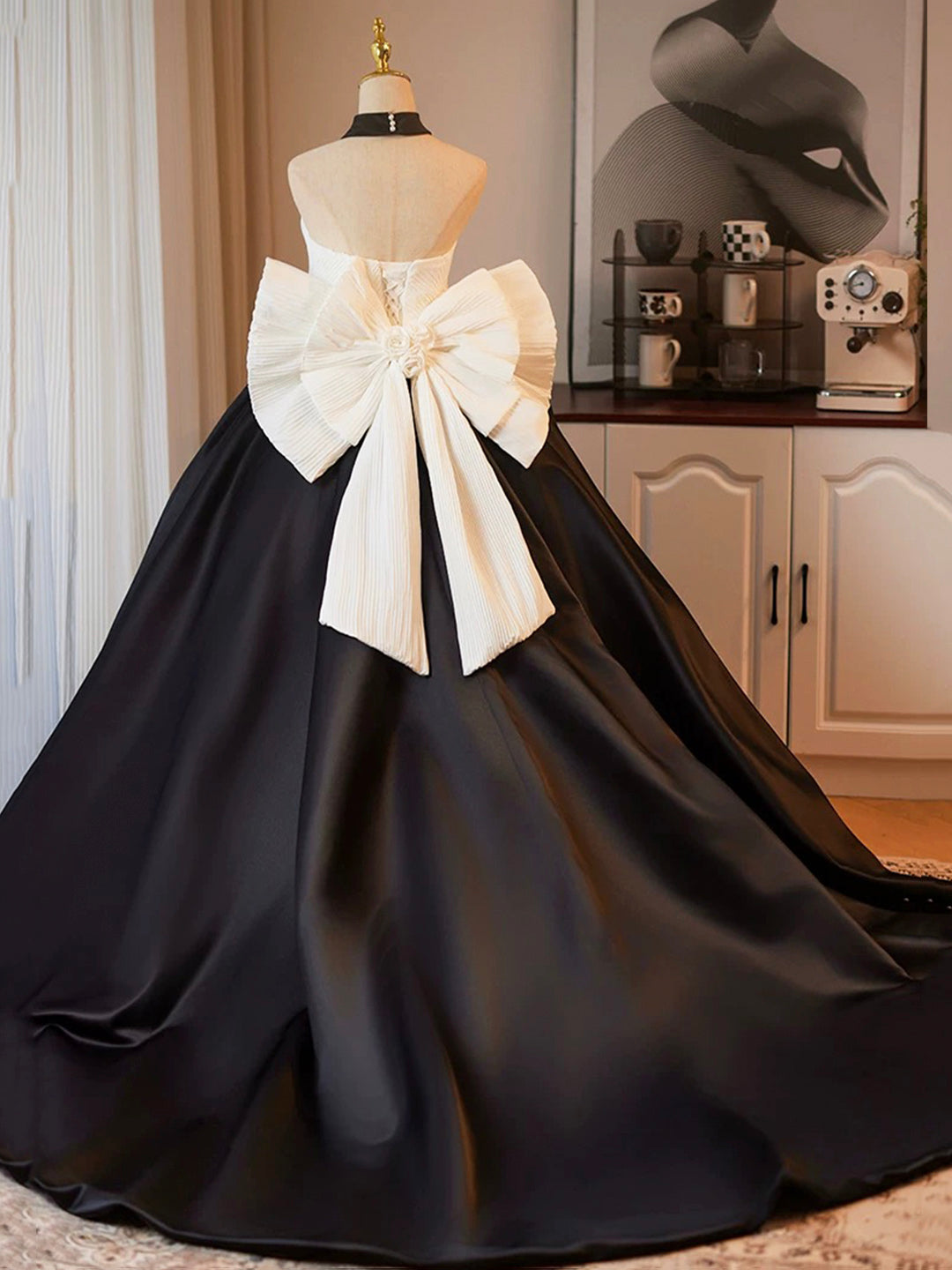 Vestido de fiesta largo de satén blanco y negro, corte A, sin tirantes, para noche formal, ED01220