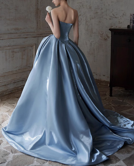 Vestido largo de satén azul, corte A, sin tirantes, vestido formal azul ED01226