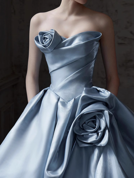 Vestido largo de satén azul, corte A, sin tirantes, vestido formal azul ED01226