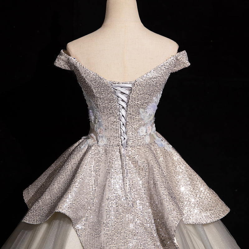 Vestido de fiesta largo de tul con lentejuelas, corte A, hombros descubiertos, color gris claro, elegante vestido formal ED01231
