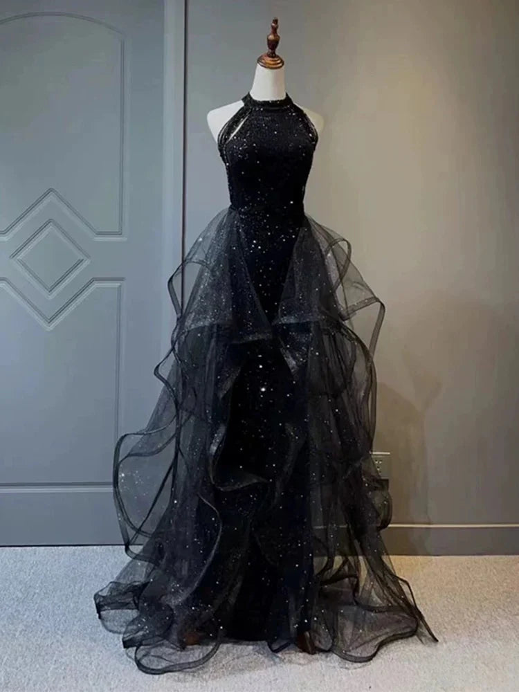 Elegante vestido de fiesta largo azul marino con escote halter y lentejuelas brillantes, corte A, vestidos de noche formales ED01427