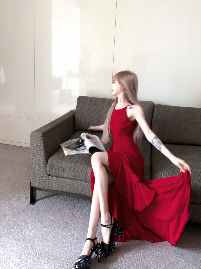 Vestido francés burdeos con tirantes en forma de A ED01253