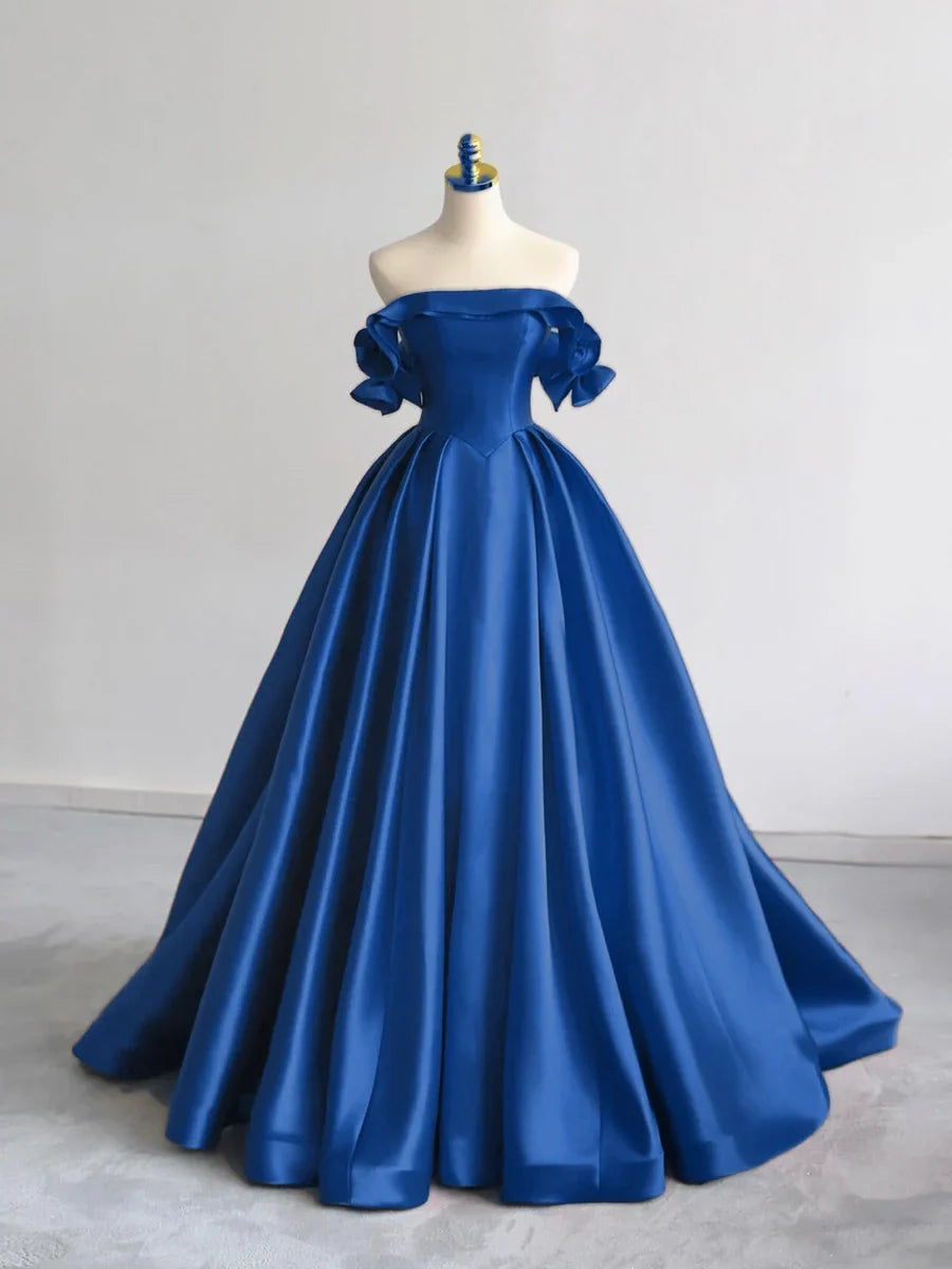 Vestido de fiesta largo azul oscuro de satén con hombros descubiertos y corte en A, vestido formal largo azul oscuro ED01256