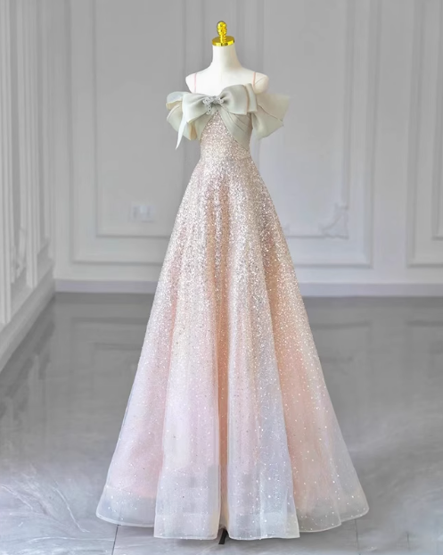 A-line Spaghetti Strap Tulle Sequins Long Prom Dress, Sweet 16 Dress ED01258