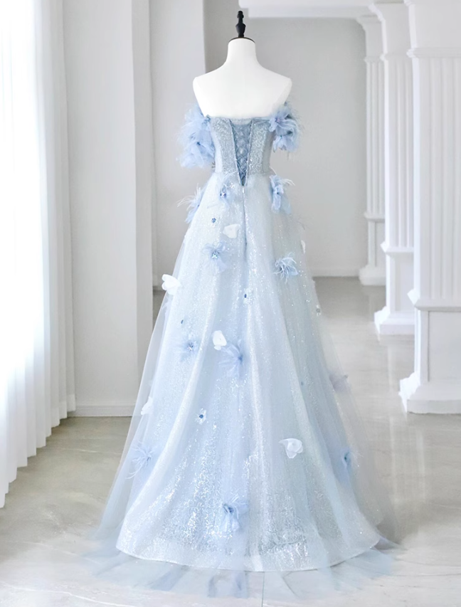 Vestido de fiesta largo azul de tul con lentejuelas y hombros descubiertos, corte en A, vestido formal largo azul ED01259