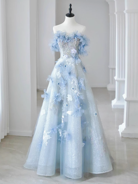 Vestido de fiesta largo azul de tul con lentejuelas y hombros descubiertos, corte en A, vestido formal largo azul ED01259