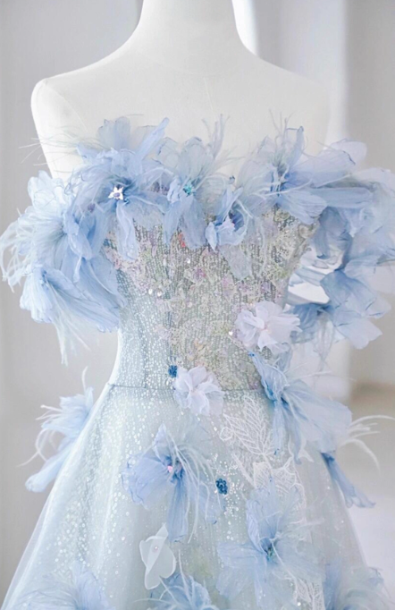Vestido de fiesta largo azul de tul con lentejuelas y hombros descubiertos, corte en A, vestido formal largo azul ED01259