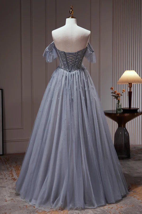 Vestido de fiesta largo azul polvoriento de tul con corte en A, vestido formal azul polvoriento ED01262