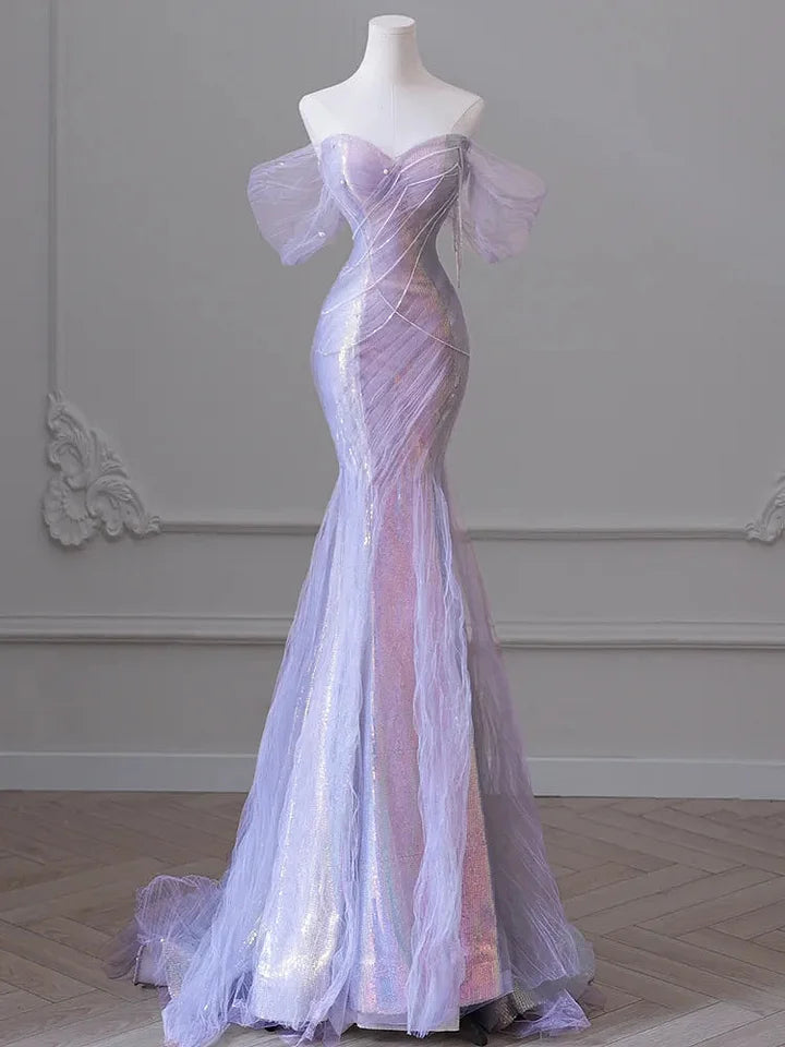 Purple💜 Sweetheart Sequin Mermaid Gown-Fairytale Beaded Tulle Train Long Prom Dress for Events ED01264