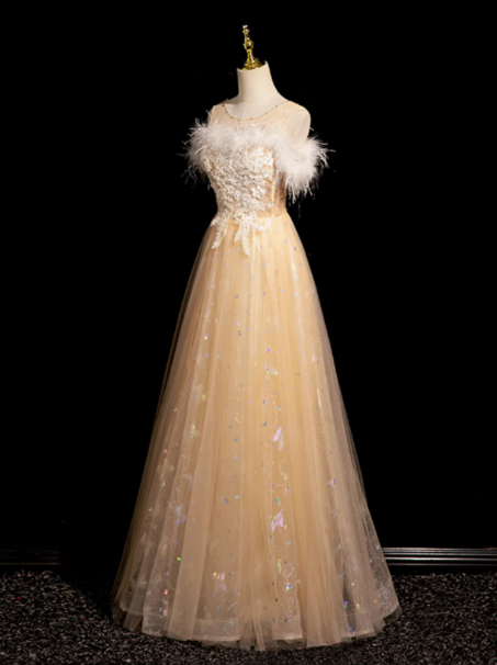 A-line Crew Neck Tulle Embroider Sequins Long Prom Dress, Dark Champagne Formal Dress ED01271