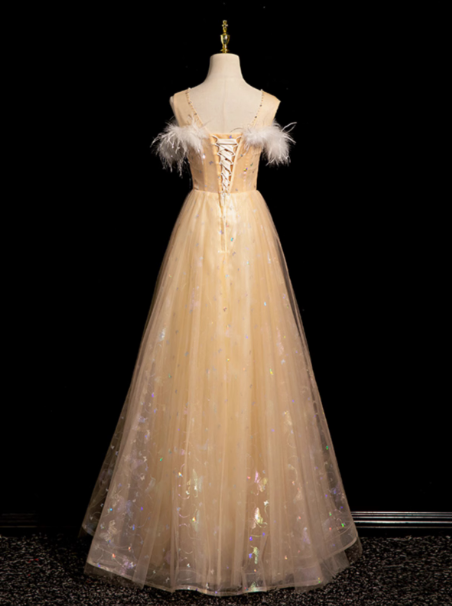 A-line Crew Neck Tulle Embroider Sequins Long Prom Dress, Dark Champagne Formal Dress ED01271