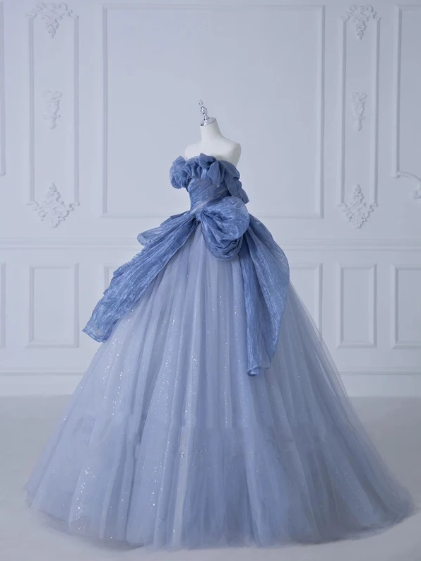 Vestido de fiesta largo de tul con lentejuelas y hombros descubiertos, corte A, azul polvoriento, ED01272