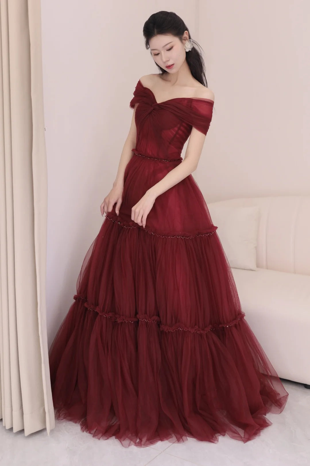 Vestido de fiesta largo de tul burdeos con escote en A y hombros descubiertos, vestido de noche largo burdeos ED01283