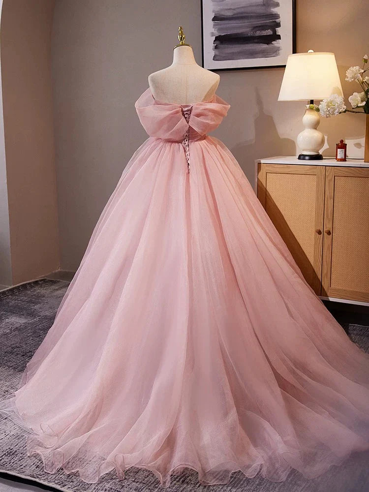 Vestido de fiesta largo de tul rosa con hombros descubiertos y corte en A, vestido formal largo rosa ED013