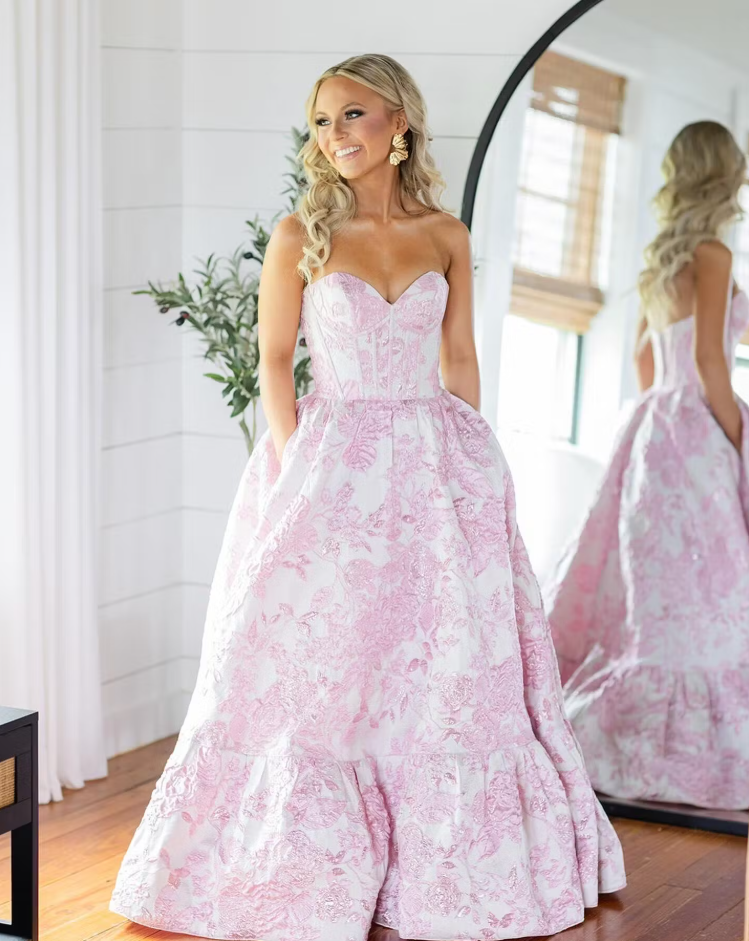 Vestido de fiesta largo rosa con escote en A y estampado floral ED01313