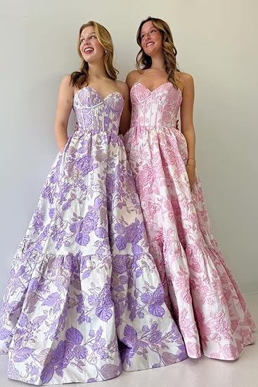 Vestido de fiesta largo rosa con escote en A y estampado floral ED01313