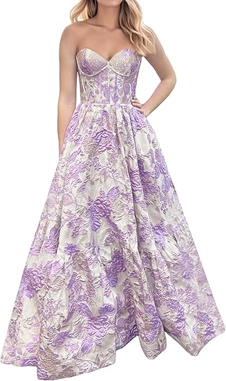 Vestido de fiesta largo rosa con escote en A y estampado floral ED01313