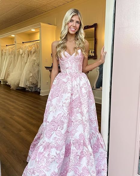 Vestido de fiesta largo rosa con escote en A y estampado floral ED01313