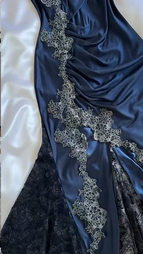 Elegant Navy Blue Spaghetti Straps Mermaid Satin Appliques Prom Dresses Party Dresses ED01319