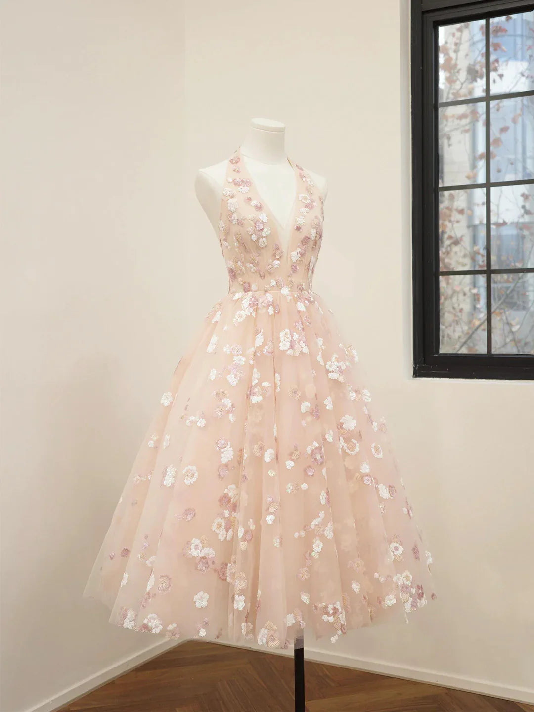 Pink V-Neck Tulle Sequins Short Prom Dress, Cute A Line Backless Homecoming Dress ED01326