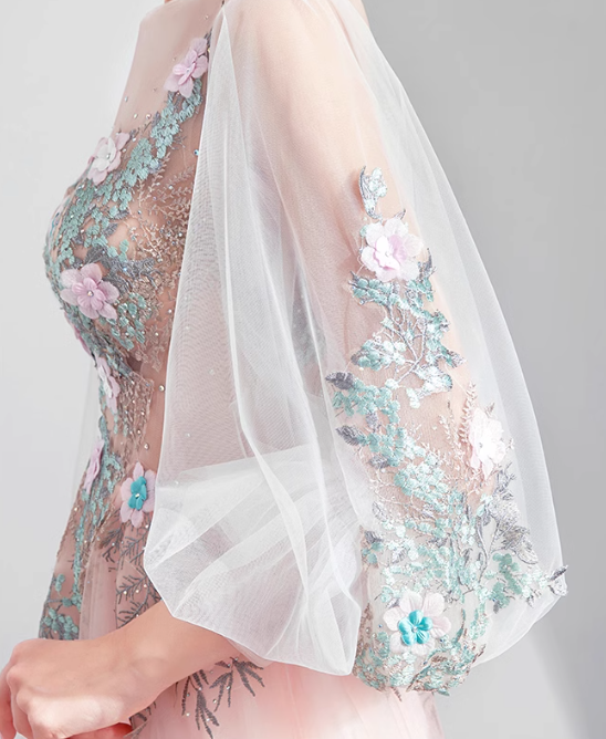 Vestido de novia rosa claro de corte A con mangas largas y tul bordado, vestido de fiesta largo y delicado ED01353