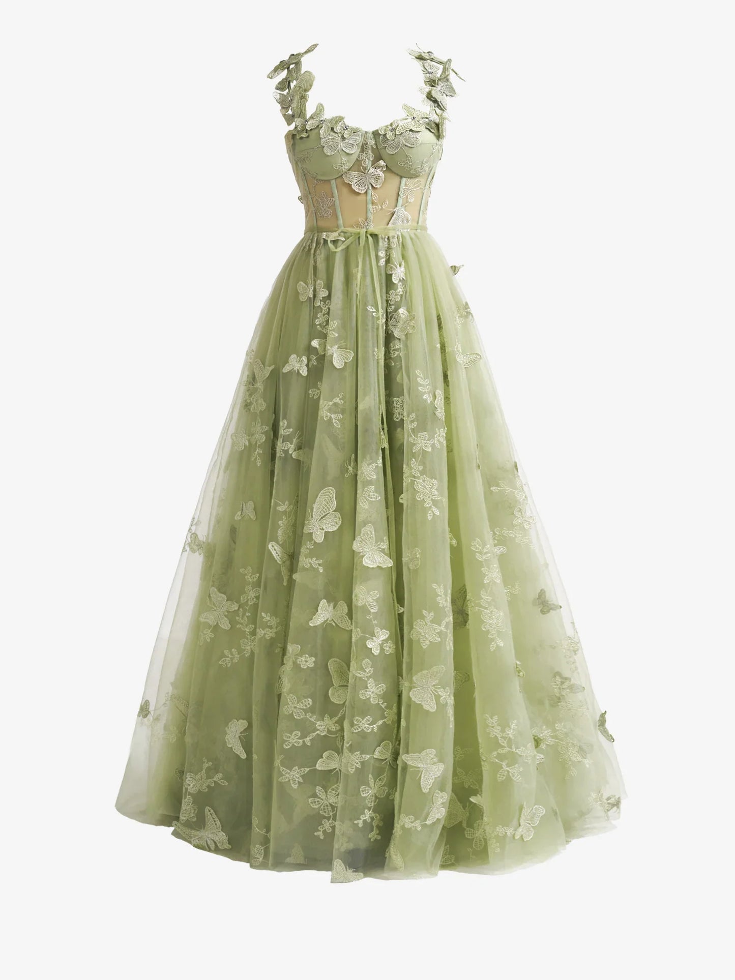 Green A-line Butterfly Lace Corset Prom Dress with Slit ED01376