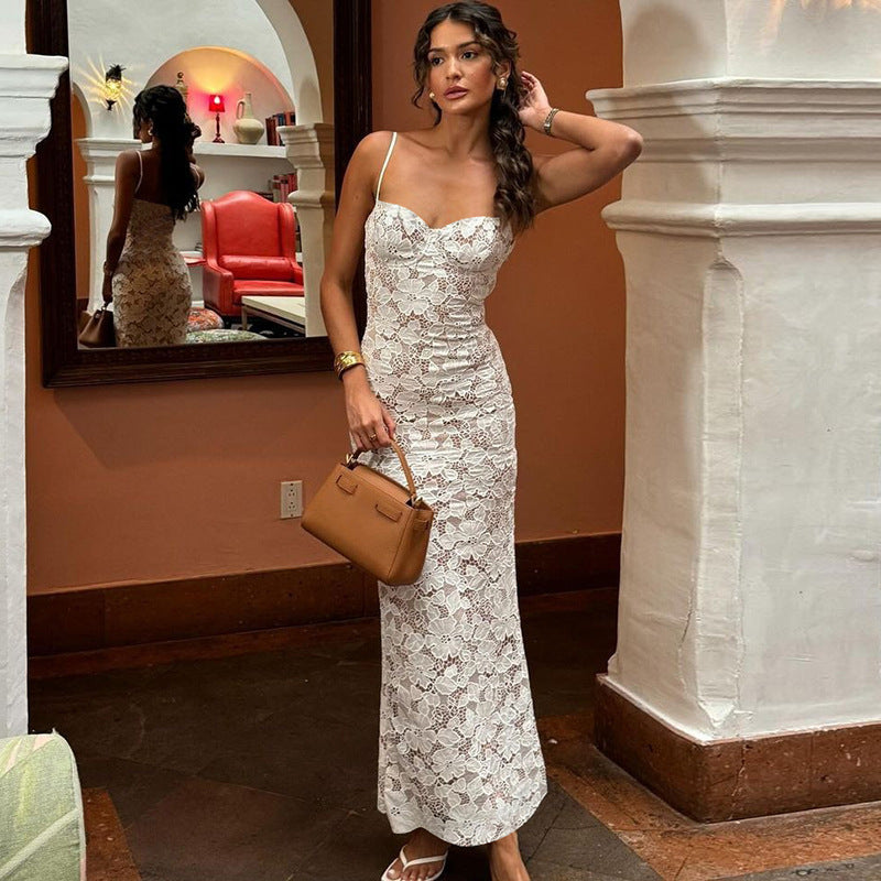 White Sweetheart Mermaid Lace Spaghetti Strap Long Prom Dress, Party Dress ED01385
