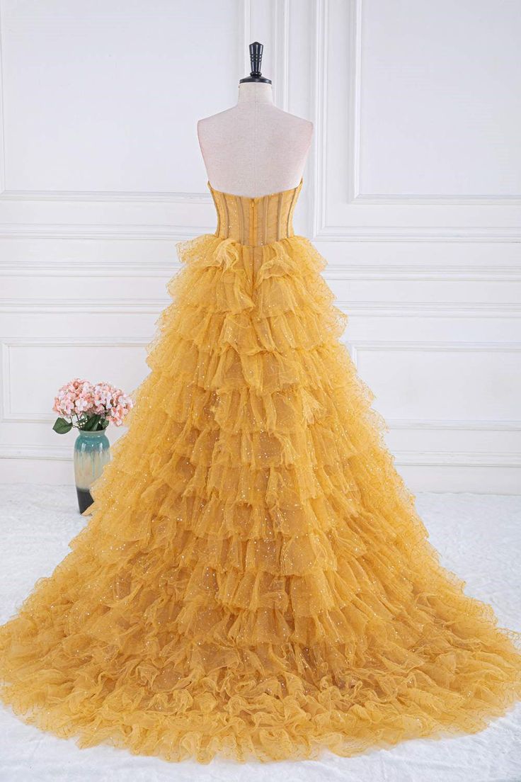 Gold A-line Strapless Tulle Sequined Long Prom Dress, Gold Sweet 16 Dress ED01387