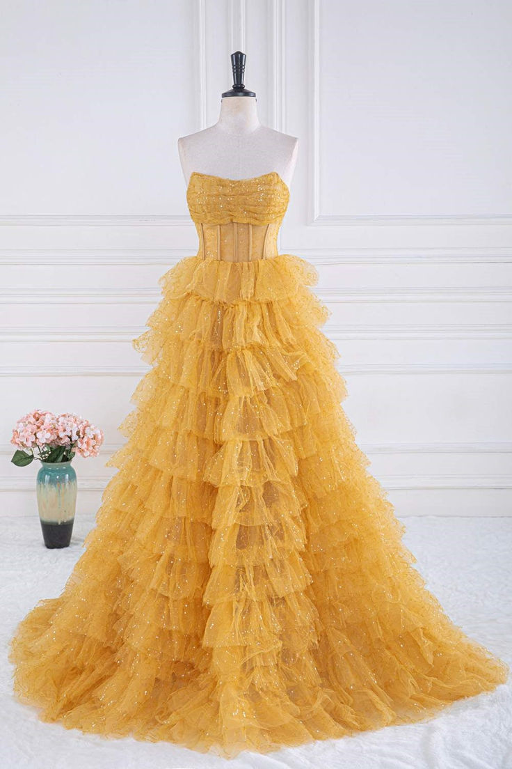 Gold A-line Strapless Tulle Sequined Long Prom Dress, Gold Sweet 16 Dress ED01387